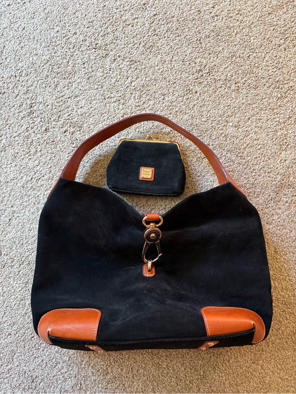 Dooney & Bourke Black Suede Shoulder Bag with Tan Leather Trim